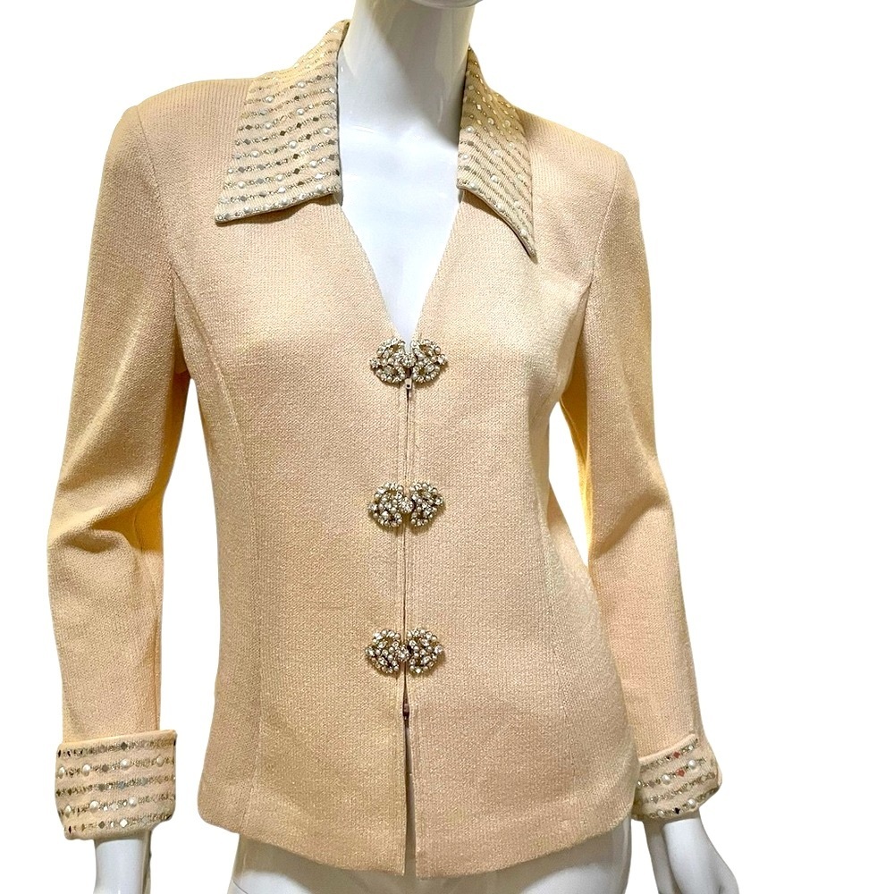 St John Knit Cream Jacket Rhinestone Pearl Size 8